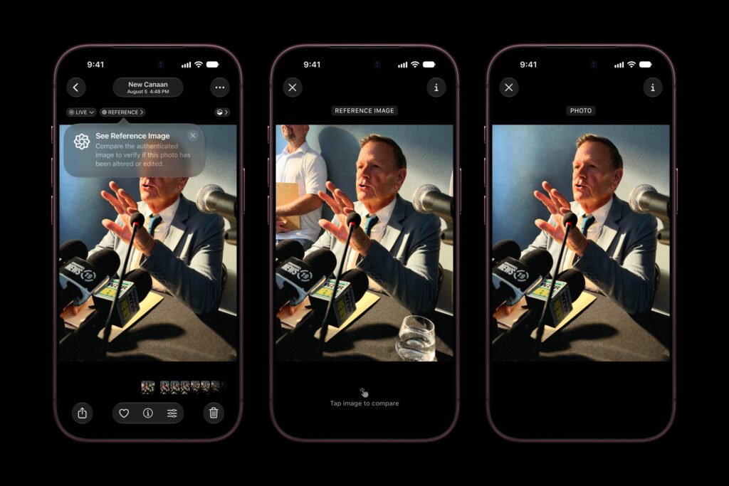 Tre schermate di iPhone 18 Pro a confronto: foto in galleria, Apple Reference Image firmata in ripresa e scatto originale