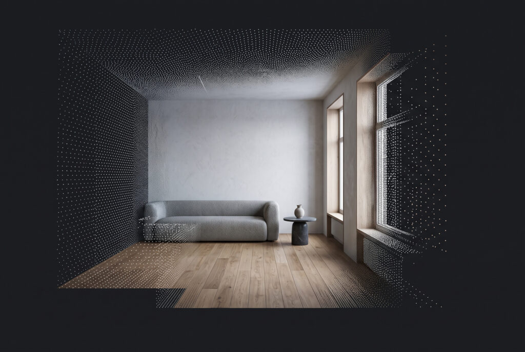 Soggiorno con divano grigio e tavolino in marmo che si dissolve in una nuvola di punti, come una ricostruzione 3D incompleta