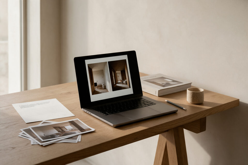 Scrivania in rovere con portatile aperto su una presentazione di due fotografie d'interni, stampe e bozza di proposta accanto