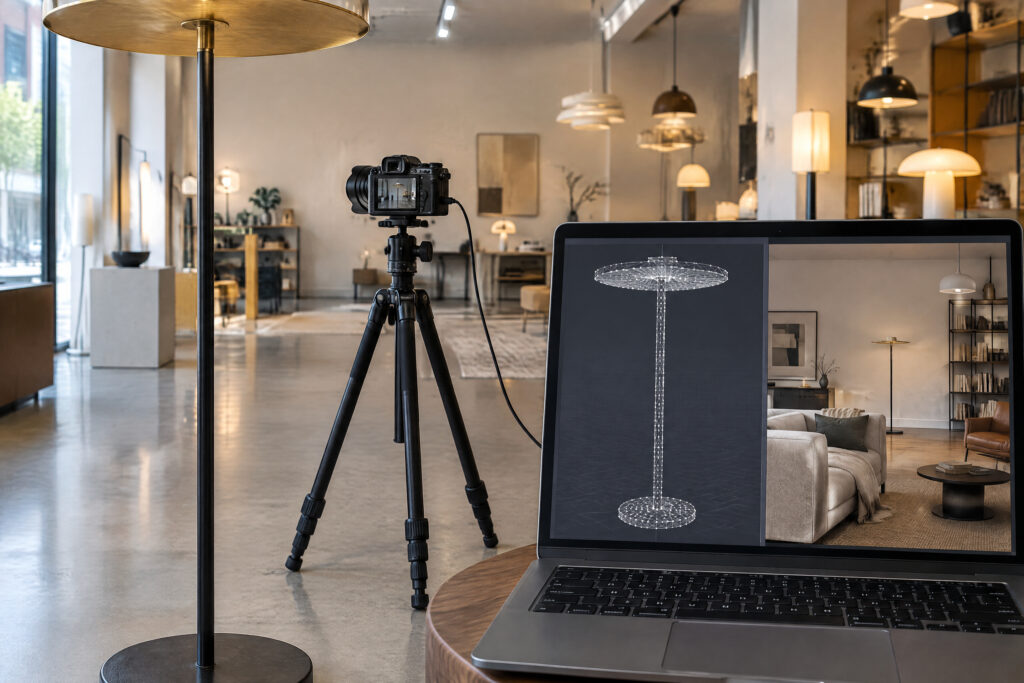 Lampada da terra fotografata in showroom, sul laptop il modello 3D generato dalla foto in Chaos Cosmos accanto alla scena renderizzata