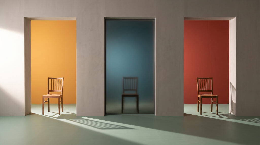 Tre aperture con la stessa sedia in legno, nitida su fondo arancio, sfocata dietro un vetro blu e in ombra su fondo rosso