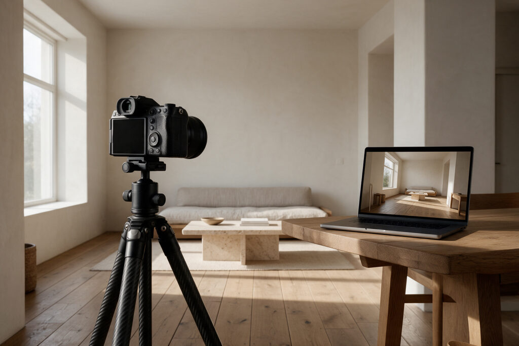 Fotocamera su treppiede in un soggiorno, lo scatto appare sul portatile senza cavo: tethering wireless con Capture One 16.8.6