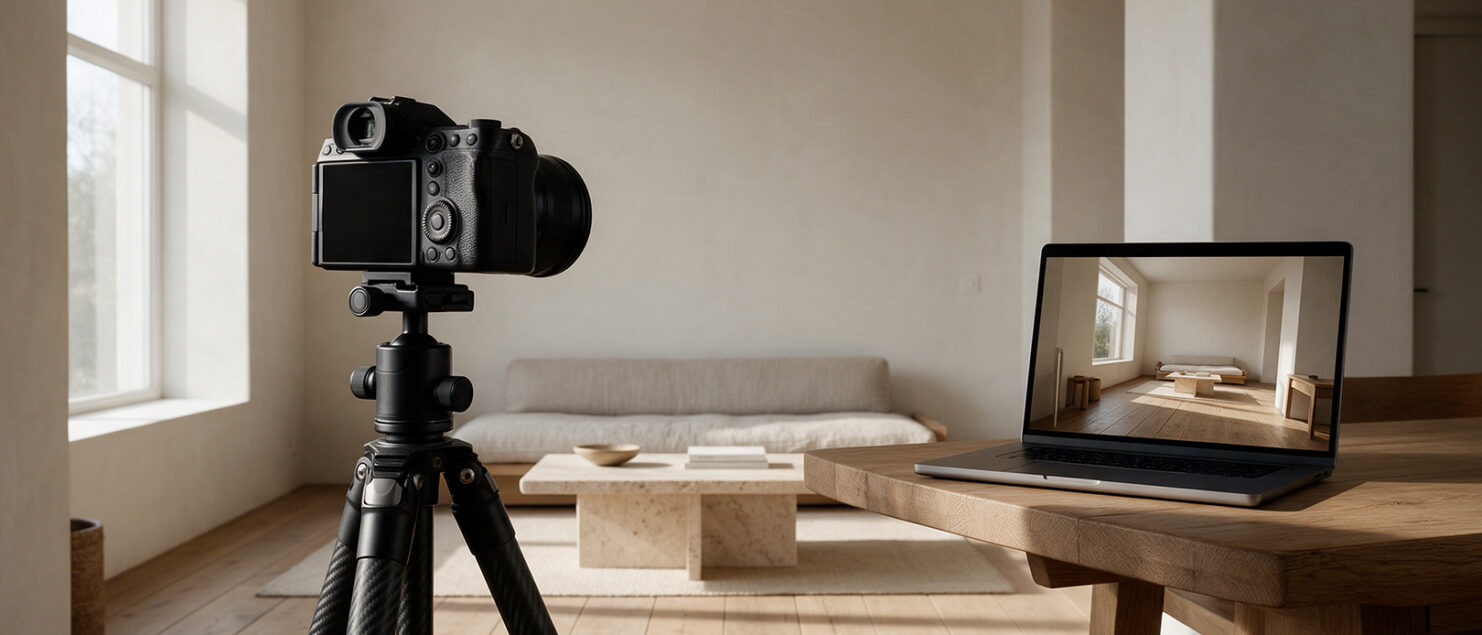 Fotocamera su treppiede in un soggiorno, lo scatto appare sul portatile senza cavo: tethering wireless con Capture One 16.8.6