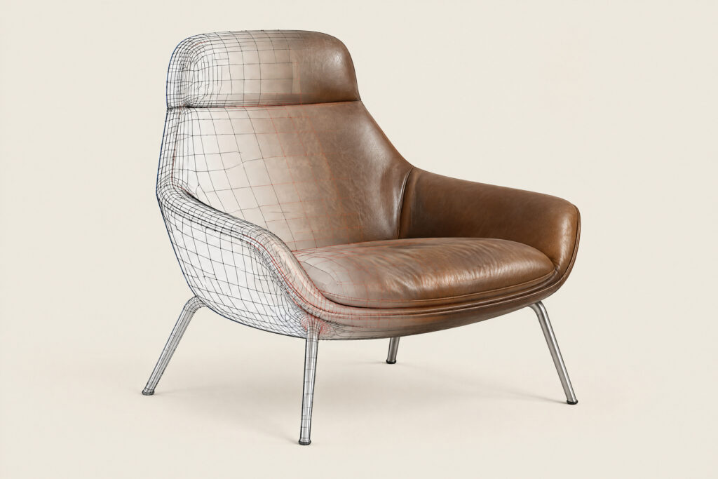 Poltrona in pelle marrone per metà wireframe e per metà render fotorealistico, modello 3D ricavato da una fotografia