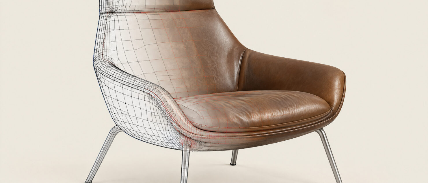 Poltrona in pelle marrone per metà wireframe e per metà render fotorealistico, modello 3D ricavato da una fotografia