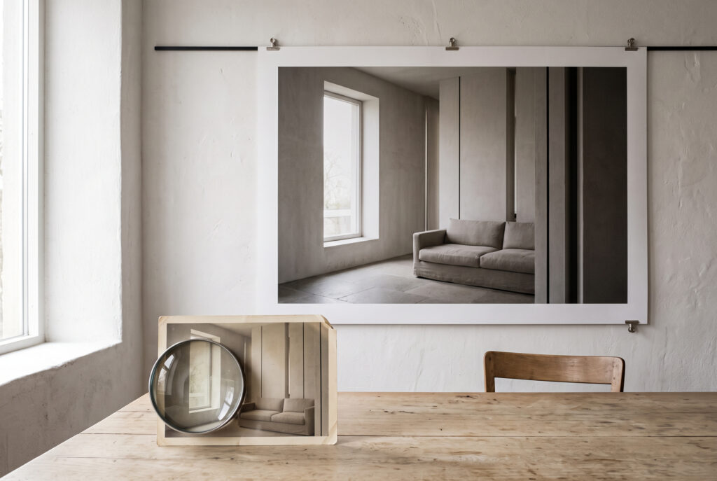 Ingrandimento con l'AI nella fotografia di interni: provino 6×9 sotto una lente e la stessa foto stampata 100×150 cm al muro