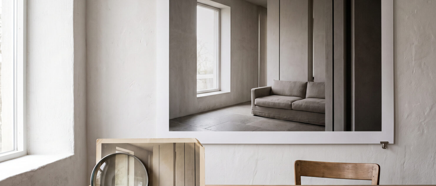 Ingrandimento con l'AI nella fotografia di interni: provino 6×9 sotto una lente e la stessa foto stampata 100×150 cm al muro